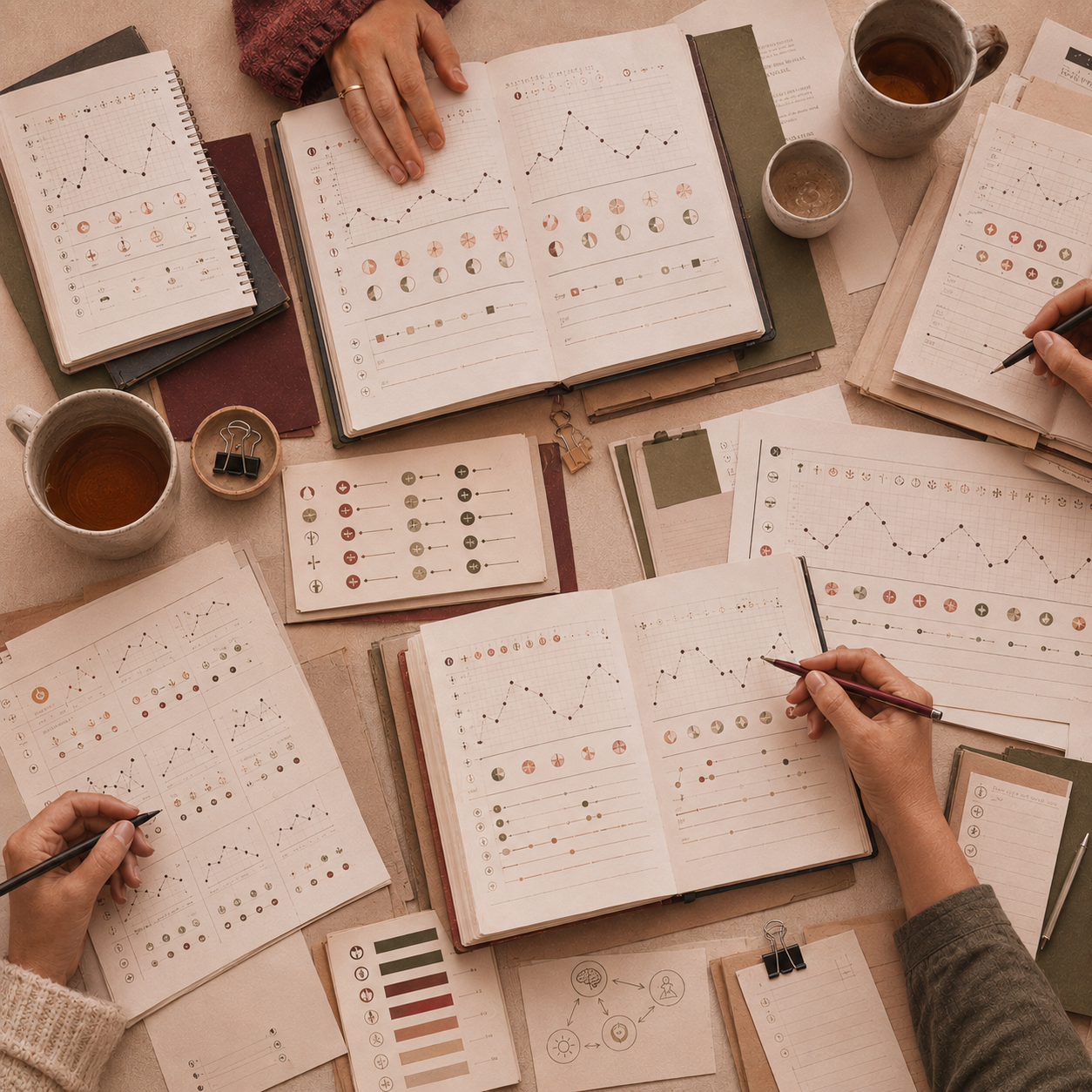 Mesa de aprendizaje grupal con cuadernos y registros del ciclo.