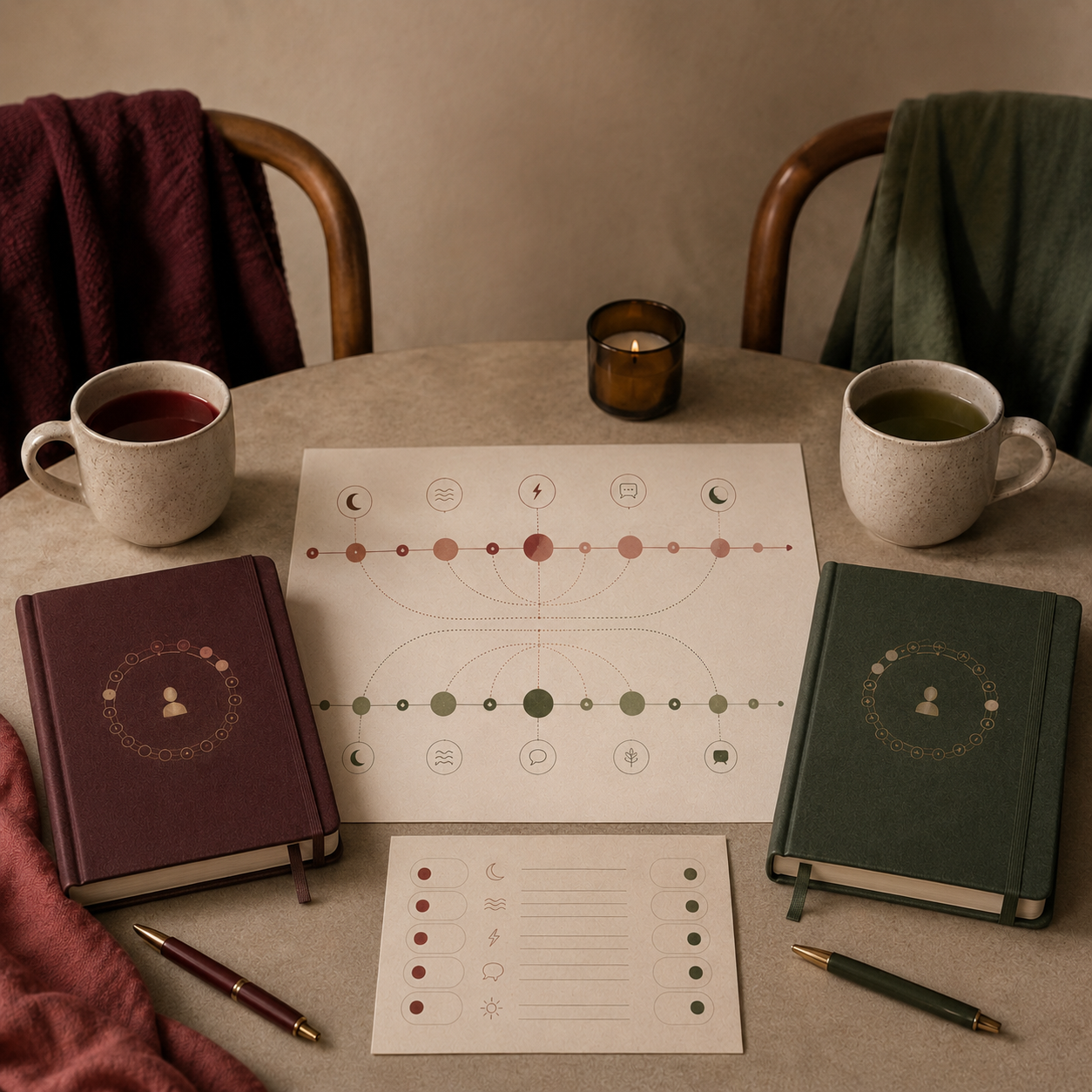 Dos cuadernos y dos ritmos visuales que se encuentran en una conversación compartida.